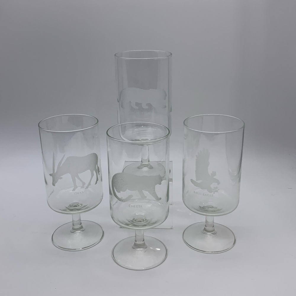 Set Of 4 George Jensen Frosted Endangered Wildlife Vintage Wine Water Glasses